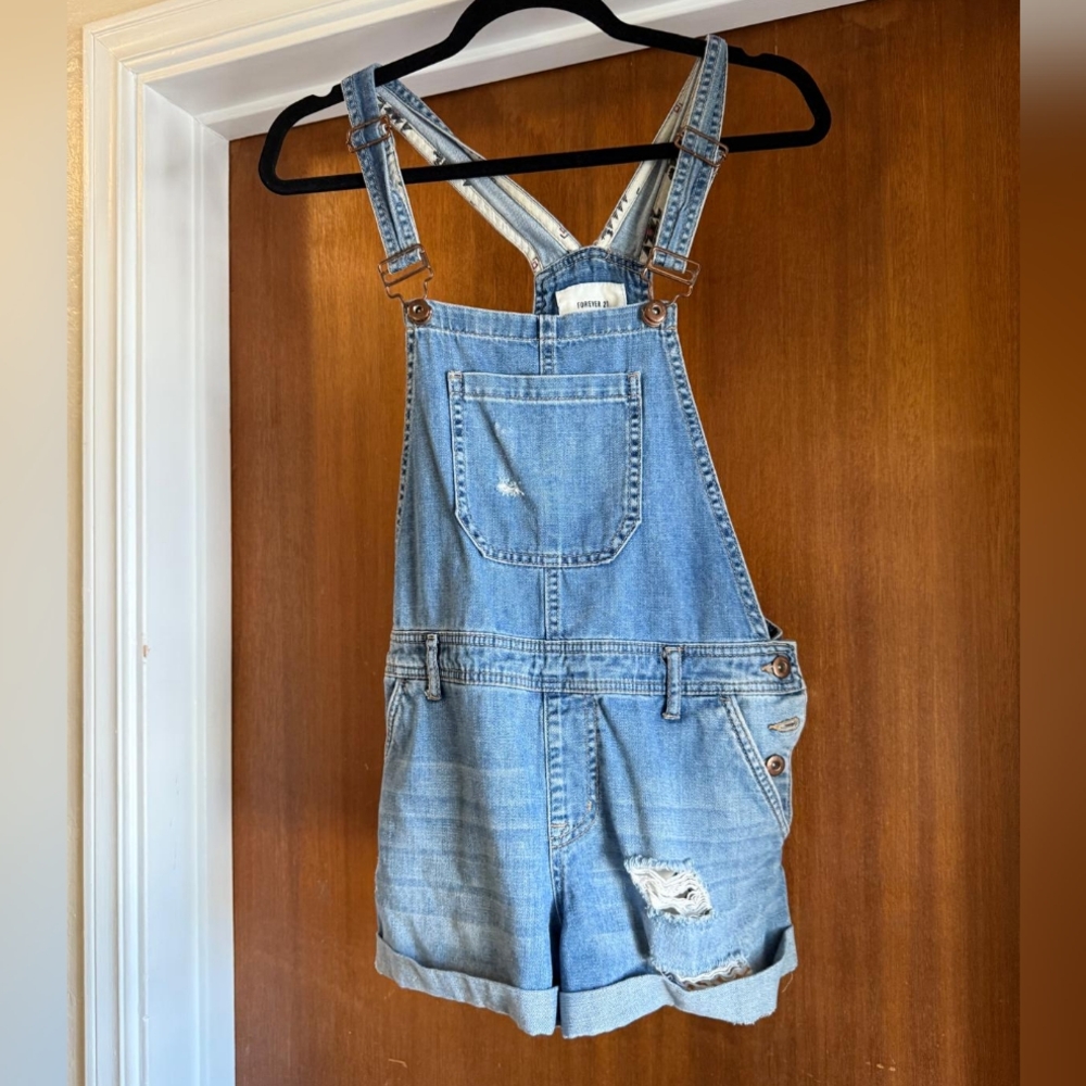 Forever 21 Light Blue Denim Overalls Distressed Look